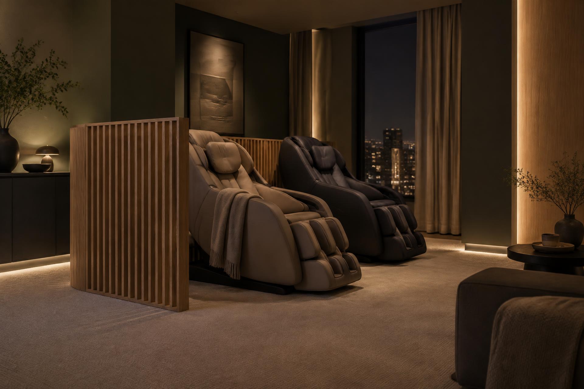 La suite SHYLOH dans une lumière douce, avec ses deux fauteuils intégrés au décor de bois naturel